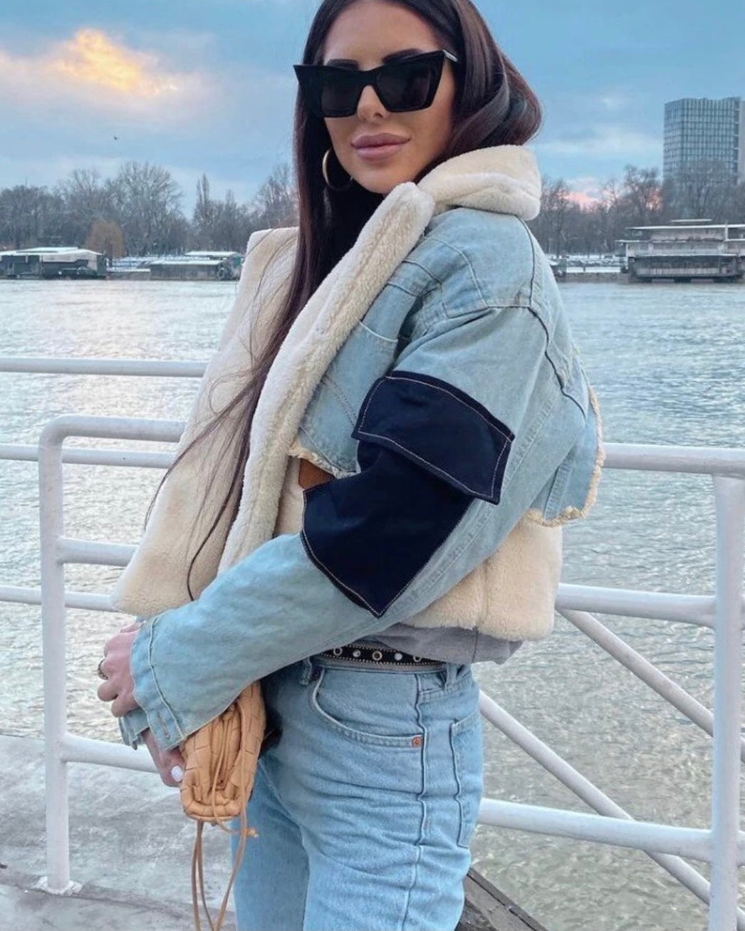 LESLIE PATCHWORK DENIM SHERPA JACKET